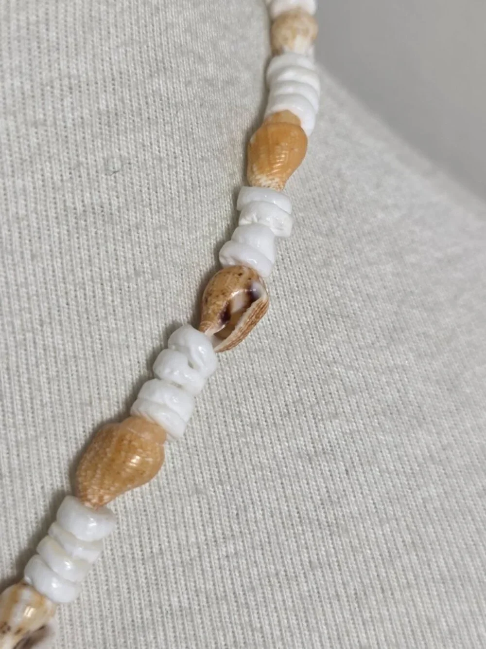 Bohemian-Style Necklace White Heishi Beads with Small Tan Seashell Spacers
